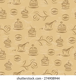 Seamless pattern with desserts (cupcakes, macaroon, yogurt, muffins). Brown vintage background.