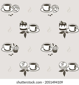 Seamless pattern with  desserts, cups of coffee and tea. Vector illustration.