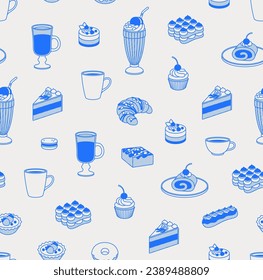 Seamless pattern of desserts and cups of coffee. Line art, retro. Vector pattern for bars, cafes, and restaurants.