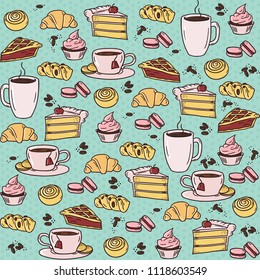 Seamless pattern with desserts and cups. Suitable for caffe and bakery or fabric, cloth, canvas,