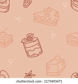 Patrón sin foco con postres. Deliciosa pastelería y crema pastelería con cerezas, postre y tarta con frambuesas y fresas de fondo rosa. Ilustración vectorial. Doodles dibujados a mano lineal