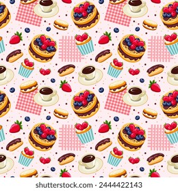 Seamless pattern of desserts and drinks with blue and white checkered background. Cake, cupcakes, coffee cup and donuts. Design wallpaper, packaging, wrapping paper, menu, birthday party, bakery.