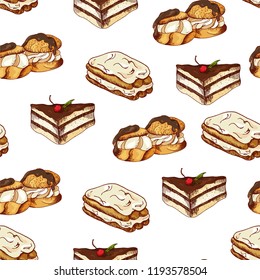 Seamless pattern with desserts. Hand drawn pancakes and buns. Vector illustration for your design.