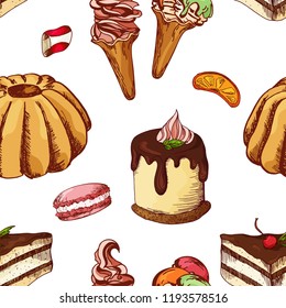 Seamless pattern with desserts. Hand drawn pancakes and buns. Vector illustration for your design.
