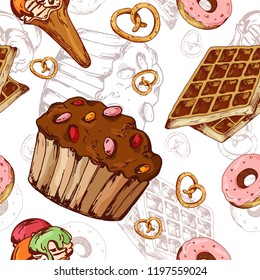 Seamless pattern with desserts. Hand drawn pancakes and buns. Vector illustration for your design.