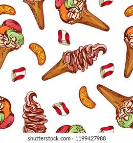 Seamless pattern with desserts. Hand drawn pancakes and buns. Vector illustration for your design.