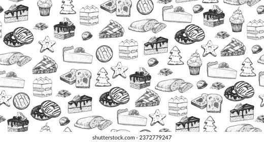 Seamless pattern with desserts. Hand drawn cake, cheesecake, tiramisu, gingerbread, donuts, apple pie, stollen, cupcake, chocolate. Sketch style background with sweets isolated on white background