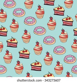 Seamless pattern with desserts. Hand drawn doodle black and white ink illustration vector for design, background, banner, cards, invitations.