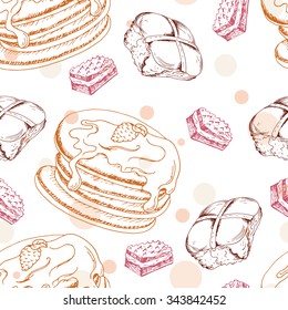 Seamless Pattern With Desserts. Hand Drawn Pancakes And Buns. Vector Illustration For Your Design.