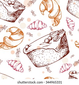 Seamless pattern with desserts. Hand drawn brownie, croissant, pastry. Vector illustration for your design.