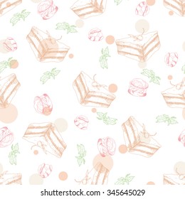 Seamless pattern with desserts. Hand drawn sacher, profiteroles. Vector illustration for your design.