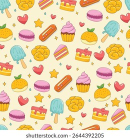 seamless pattern with desserts, ice cream, cakes on a light background