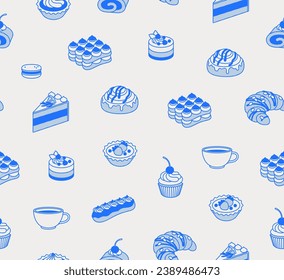 Seamless pattern of desserts. Line art, retro. Vector pattern for bars, cafes, and restaurants.