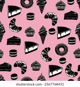 Seamless Pattern of Desserts on Pink Background. Black and White Pastry Illustration with Pink Background