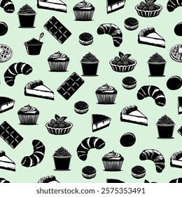 Seamless Pattern of Desserts on Pink Background. Black and White Pastry Illustration with Pink Background