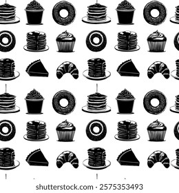 Seamless Pattern of Desserts on Pink Background. Black and White Pastry Illustration with Pink Background