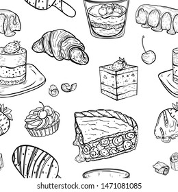 Seamless pattern of desserts in the style of doodle, cake, croissant, ice cream, chocolate covered strawberries, cream dessert. Background for menu, restaurant, cafe, bakery, textile.
