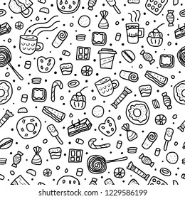 Seamless pattern of desserts. Sweets cakes, donuts, candy and others snacks in doodle style endless background. 