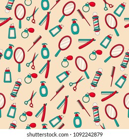 Seamless pattern with detailed barbershop objects. Vector background with comb, scissors, straight razor. Perfect for poster, banner, label for barbershop and grooming salon. Vector illustration