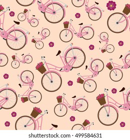 Seamless pattern with detailed city bicycles with a basket on the handlebars. Pink background. Vector illustration