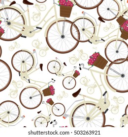 Seamless pattern with detailed city bicycles with a basket on the handlebars. White background. Vector illustration