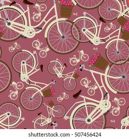Seamless pattern with detailed city bicycles with a basket on the handlebars. Red background. Vector illustration