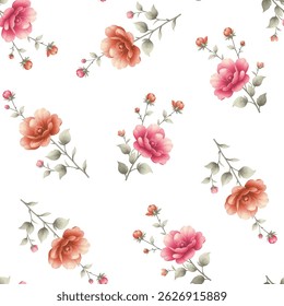 A seamless pattern of detailed floral illustrations. The pattern features various shades of pink and coral orange flowers, with light gray-green leaves and stems. The flowers exhibit a delicate.