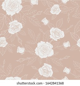 seamless pattern of detailed, full bloomed rose and leaves.