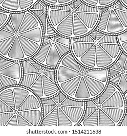 Seamless pattern with detailed hand drawn lemons. Background for coloring book pages.