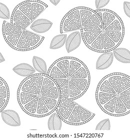 Seamless pattern with detailed hand drawn lemons. Background for coloring book pages.