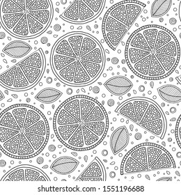 Seamless pattern with detailed hand drawn lemons. Background for coloring book pages.