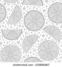 Seamless pattern with detailed hand drawn lemons. Background for coloring book pages.