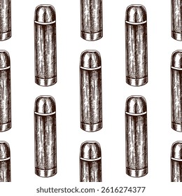 Seamless pattern with detailed hand drawn thermos bottles in vintage engraving style. Ideal for eco-friendly product branding, travel gear packaging, hiking accessories, and camping-themed designs.