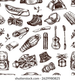 Seamless pattern with detailed hand drawn camping and travel elements: tent, boots, backpack, flashlight, knife, rope, sleeping bag, cap, canoe, guitar, thermos, gas burner, food sauce, and map. 