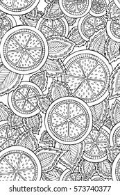 Seamless pattern with detailed hand drawn lemons. Background for coloring book pages.
