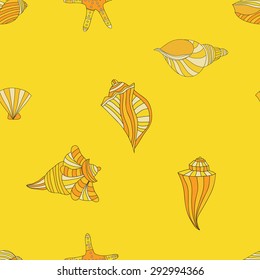 Seamless pattern of detailed hand-drawn shells