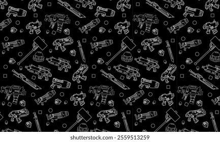 seamless pattern with detailed icons of weapons, kill team, 40,000. Thin line icons