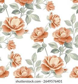 Um padrão perfeito de rosas coloridas de coral de pêssego claro e detalhado. As rosas têm uma aparência ligeiramente suave, aquarela, com sombreamento suave e mistura de cores.