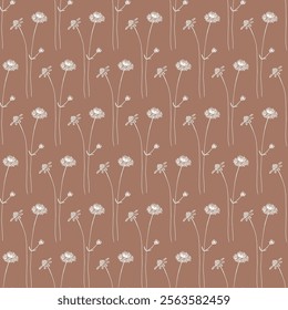 Seamless pattern with detailed realistic illustration of Field scabious (Knautia arvensis) plant on coffee-brown background. Ornament design with wild flower, stem and leaves in hand drawn style.