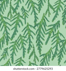 Seamless pattern of detailed thuja branches on a green background