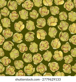 Seamless pattern of detailed thuja cones on a brown background