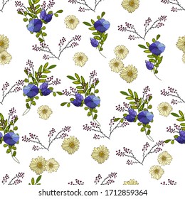 Seamless pattern of detailed traced flowers of daisies and  bluebells . Endless texture for fabric, wallpaper or wrapper. Detailed illustration. For wallpaper, wrapper or cover.