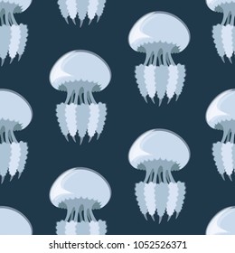 Seamless pattern with detailed transparent barrel jellyfish.  Sea jelly on blue background. Vector illustration of Rhizostoma pulmo.