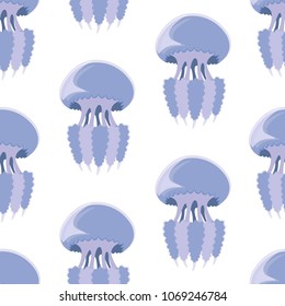 Seamless pattern with detailed transparent jellyfish.  Sea jelly on white background. Vector illustration of Rhizostoma pulmo, barrel  jellyfish.