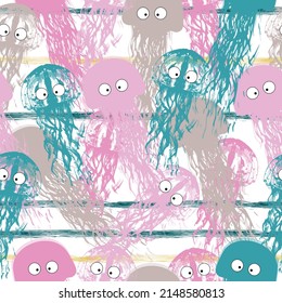 Seamless pattern with detailed transparent jellyfish.  It can be used for wallpaper, background, print, textile design.