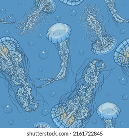 Seamless pattern with detailed transparent jellyfish. Drawn by hand with pen and ink. Blue sea animals on a turquoise background.