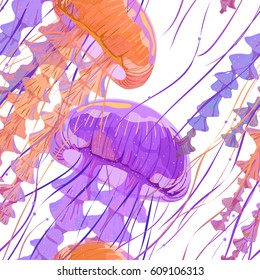 Seamless pattern with detailed transparent jellyfish. Orange and fiolet sea jelly on white background. Vector illustration