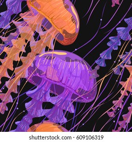 Seamless pattern with detailed transparent jellyfish. Orange and fiolet sea jelly on black background. Vector illustration