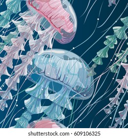 Seamless pattern with detailed transparent jellyfish. Pink and blue sea jelly on blue background. Vector illustration