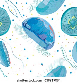 Seamless pattern with detailed transparent jellyfish. Blue sea jelly on white background. Vector illustration